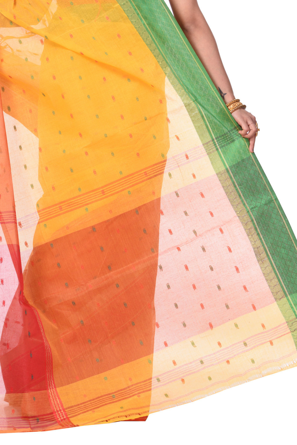 Yellow Pure Cotton Ganga Jamuna_Buti Tant Saree (650)